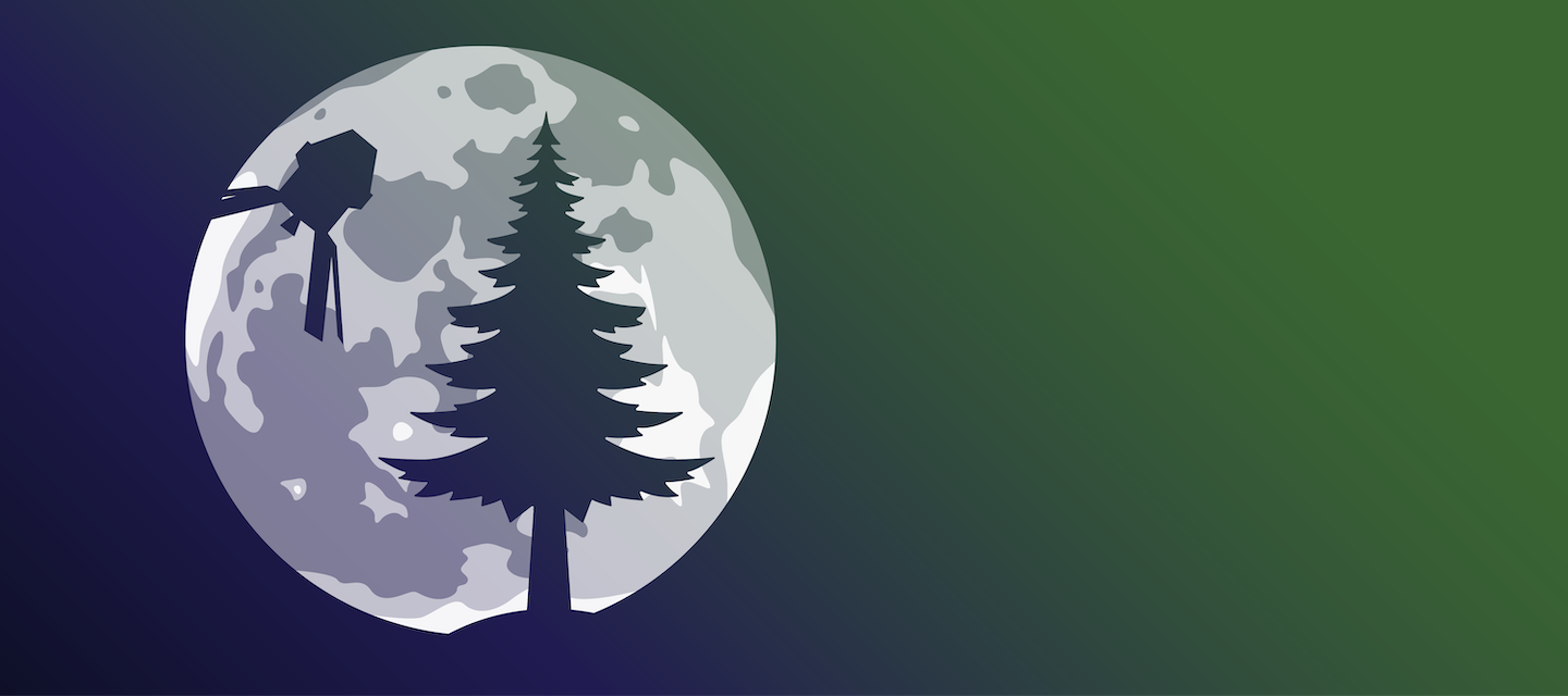 An image of the Moon with silhouettes of a tree and the Orion capsule from the Artemis missions in front of it.