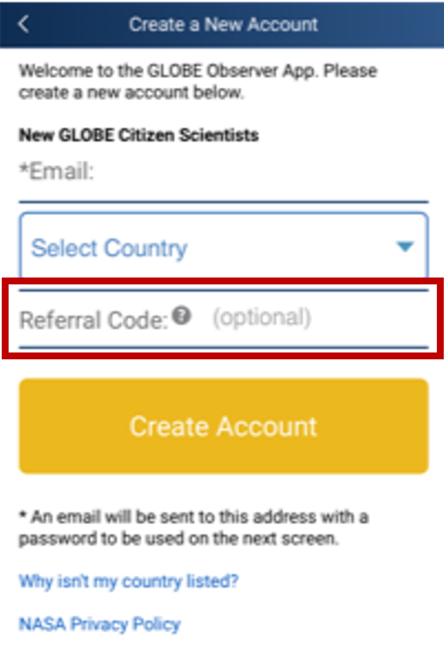 Image of the "Create New Account" page in the GLOBE Observer app.